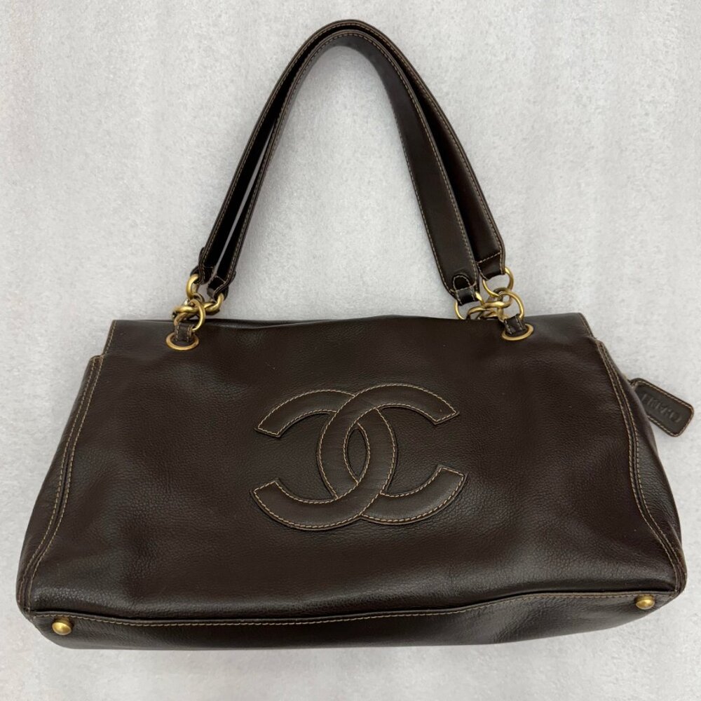CHANEL Vintage Rare Dark brown Calf skin large CC logo shoulder bag